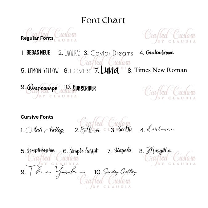 Custom font chart choose your font for your personalized items
