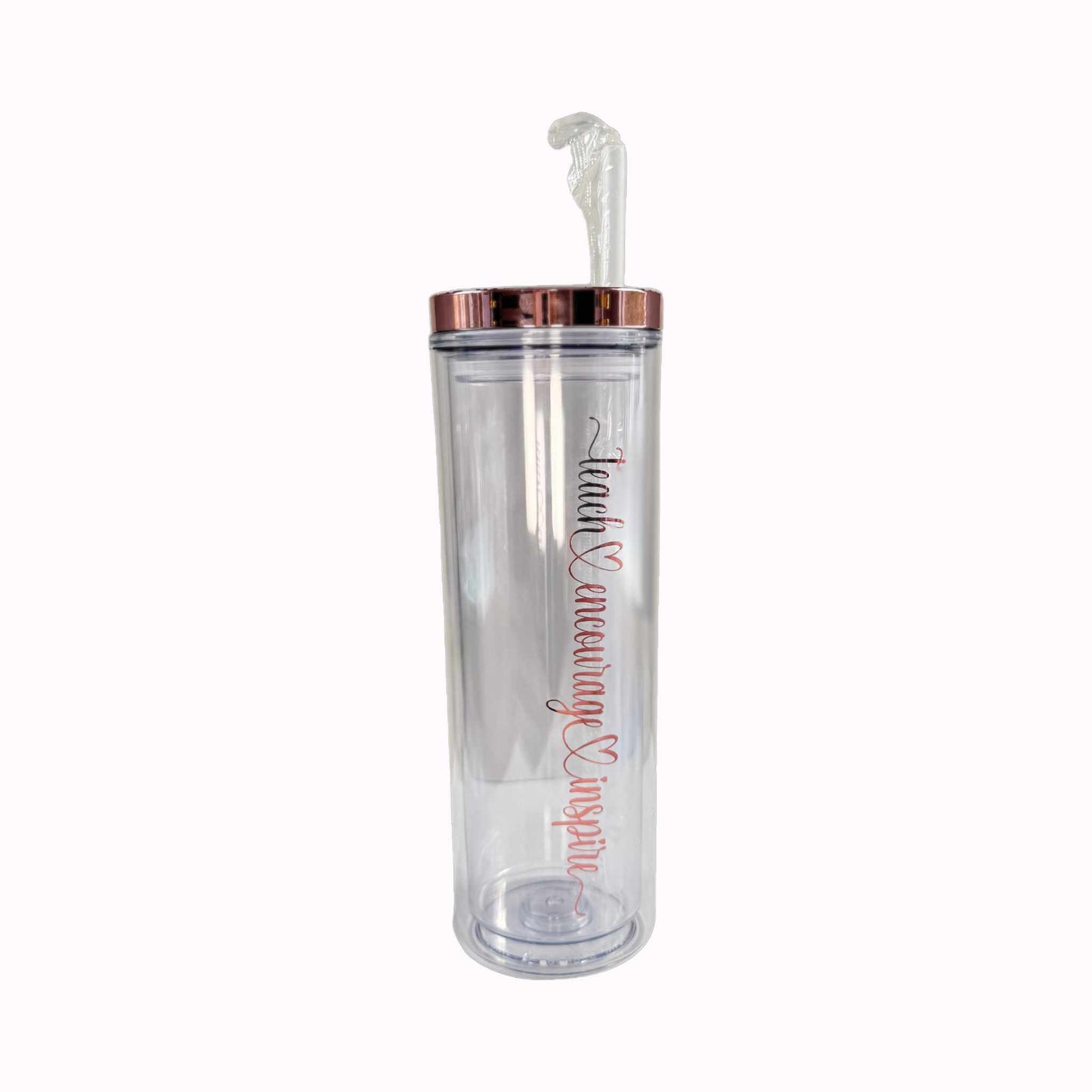 teach encourage inspire clear acrylic tumbler with rose gold lid | front photo