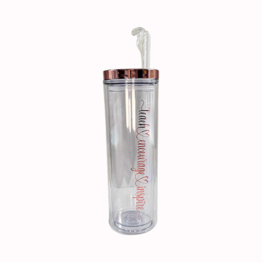 teach encourage inspire clear acrylic tumbler with rose gold lid | front photo