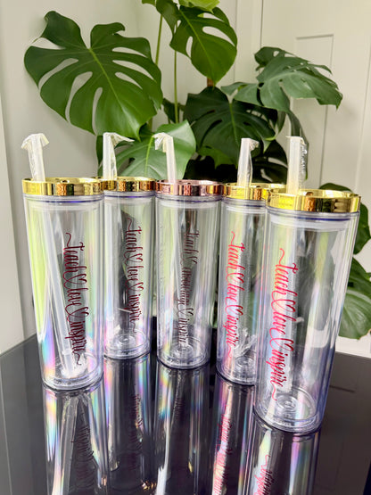 Four gold lid acrylic skinny tumblers - teach love inspire in red chrome vinyl. 

One rose gold lid skinny acrylic tumbler - teach encourage inspire in chrome rose gold vinyl 