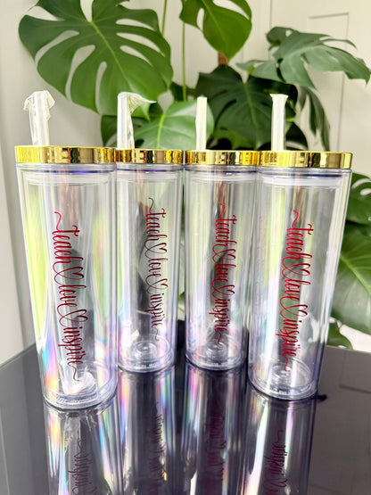 Four gold lid acrylic skinny tumblers - teach love inspire in red chrome vinyl. 