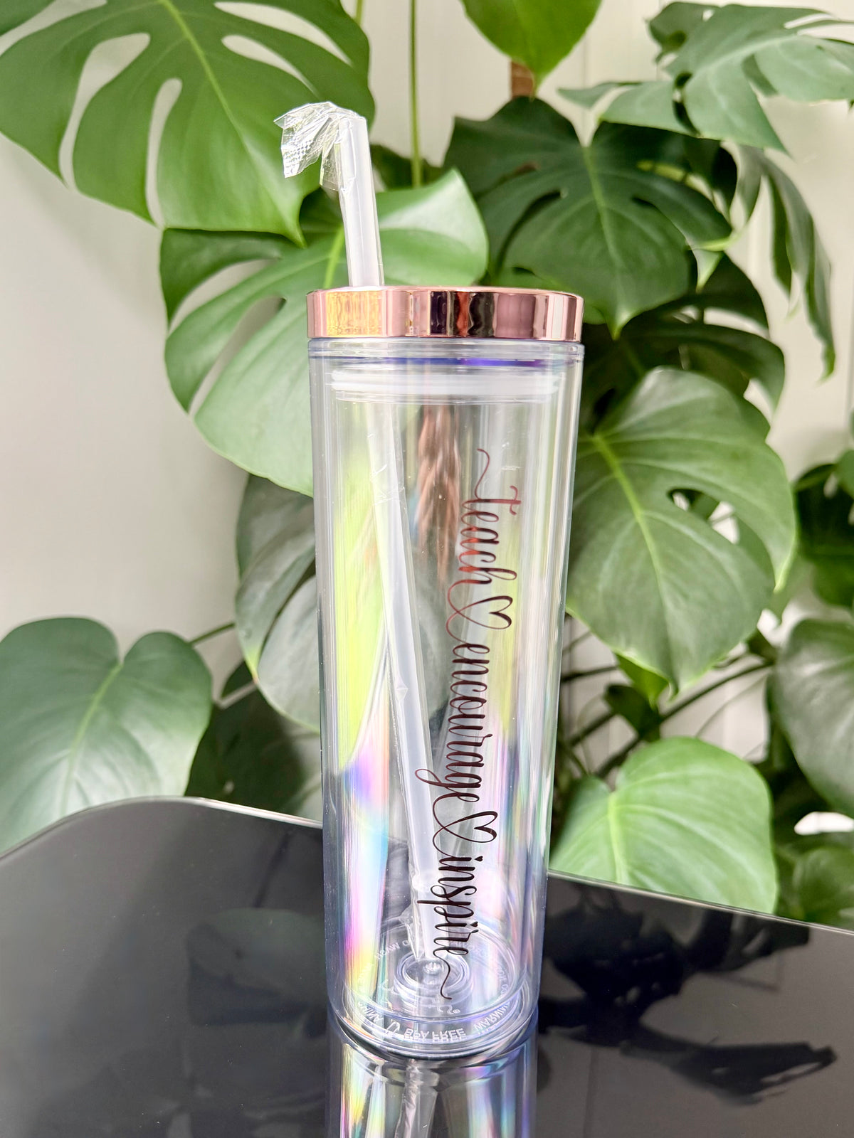 One rose gold lid skinny acrylic tumbler - teach encourage inspire in chrome rose gold vinyl 