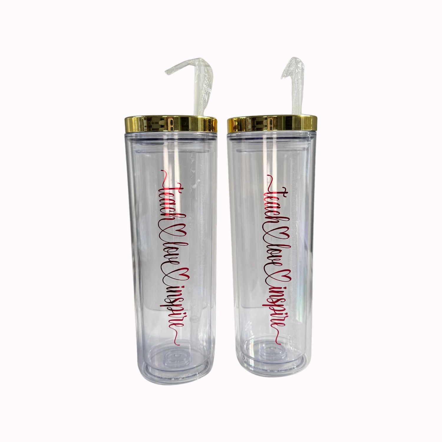 teach love inspire teachers clear acrylic tumblers with gold lid | front photo